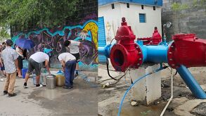 Habitantes de Fomerrey 35 y Nuevo Escobedo extraen agua de estación de bombeo ante corte de dos días. Fuerza Civil resguarda la zona.