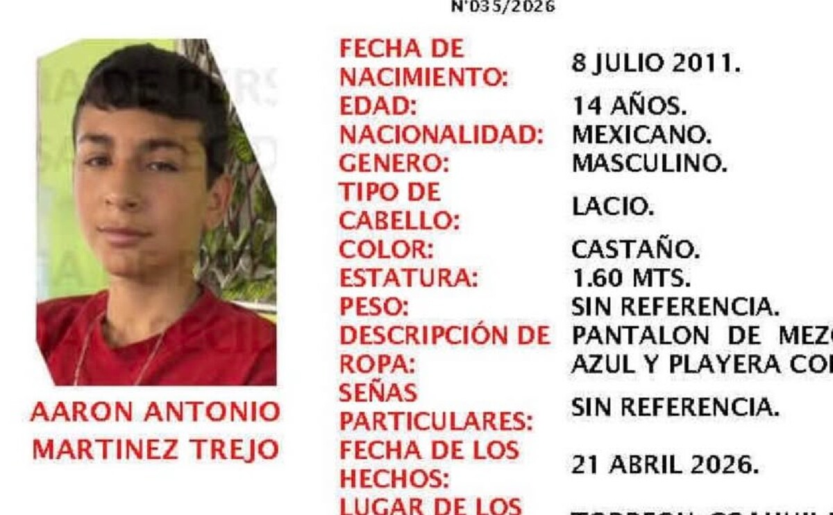 Aarón Martínez Trejo, menor buscado en Torreón tras desaparecer de la colonia La Merced.