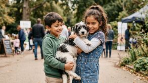 Niña y niño sostienen un perro en los brazos con felicidad en un ambiente de naturaleza