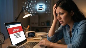 Mujer preocupada por el reloj mientras entra a la página del SAT.