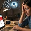 Mujer preocupada por el reloj mientras entra a la página del SAT.