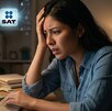 Mujer preocupada por el reloj mientras entra a la página del SAT.