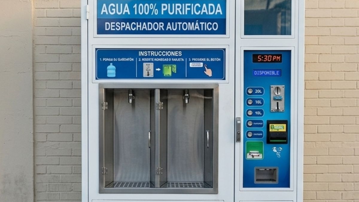 Imagen generada con IA que muestra una maquina expendedora de agua.