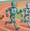 Tres robots con forma humana corriendo en una pista de atletismo, cada uno con los logos de Gemini, Chat GPT y Claude