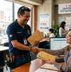 Un hombre recibiendo sobres de dinero en una oficina