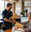 Un hombre recibiendo sobres de dinero en una oficina