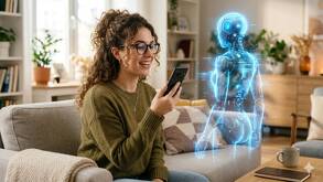 Una mujer en una sala iluminada hablando a través de un teléfono celular con el holograma de un robot