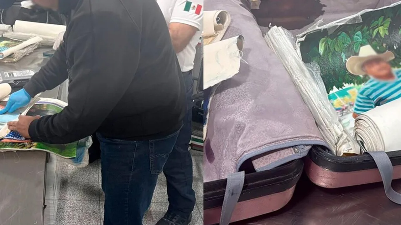 Autoridades detuvieron en el AICM a una persona extranjera que transportaba lienzos con cocaína mezclada en la pintura.