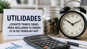 Un reloj y dinero ahorrado junto a una calculadora para contar utilidades.