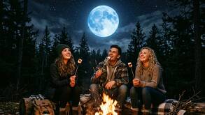 Un grupo de tres jóvenes alrededor de una fogata en el bosque observado la Luna Azul
