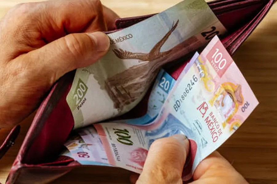 Manos de una persona abriendo una cartera con billetes mexicanos de distinta denominación
