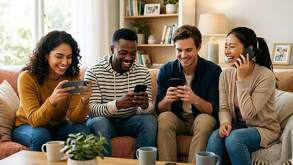 Un grupo de dos hombres y dos mujeres en una sala iluminada mientras miran sus celulares
