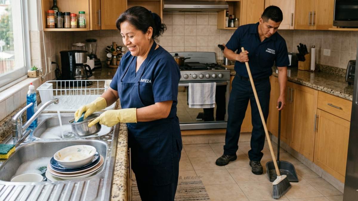 Una mujer y un hombre trabajadores del hogar en una cocina lanado trastes y barriendo