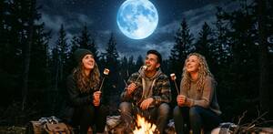 Un grupo de tres jóvenes alrededor de una fogata en el bosque observado la Luna Azul