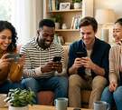 Un grupo de dos hombres y dos mujeres en una sala iluminada mientras miran sus celulares