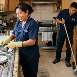 Una mujer y un hombre trabajadores del hogar en una cocina lanado trastes y barriendo