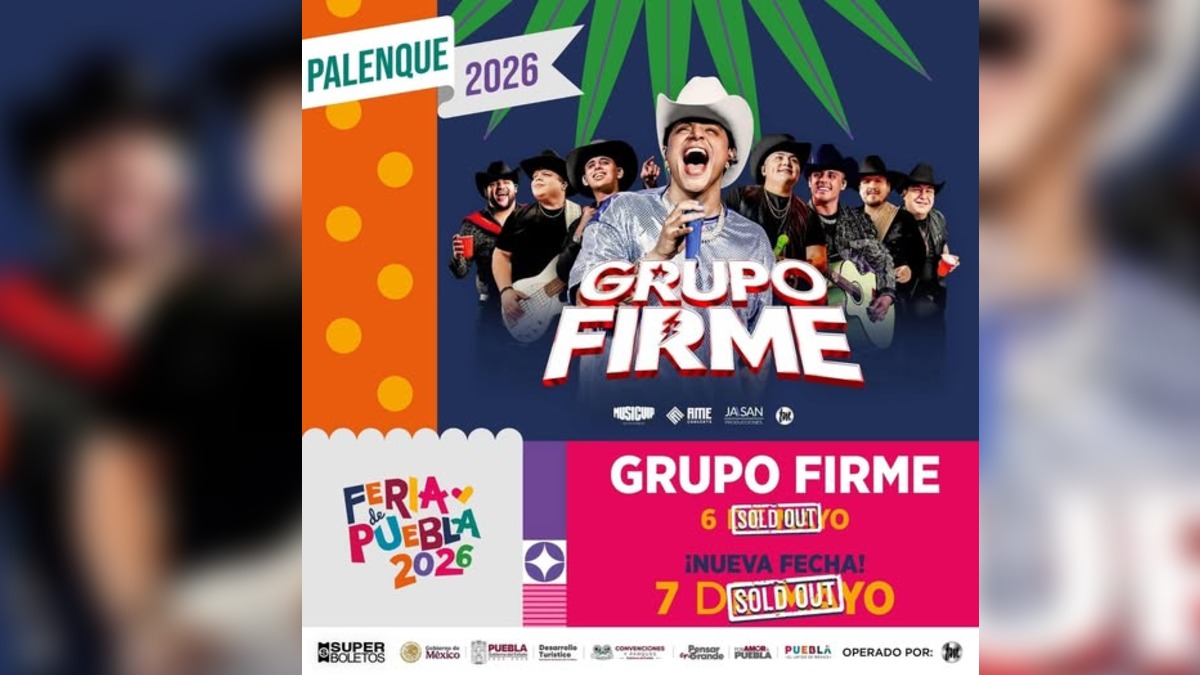 Infografía sobre la fecha y lugar donde se presentará Grupo Firme en la Feria de Puebla