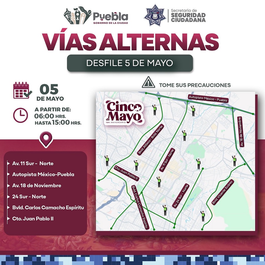 Mapa de vías alternas por el desfile del 5 de mato del 2026 en Puebla.