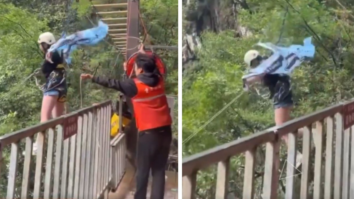 A la izquierda: Una mujer con una bandera en una tirolesa y un trabajador detrás sosteniendo una cuerda. A la derecha: la misma mujer cayendo de la tirolesa