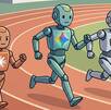 Tres robots con forma humana corriendo en una pista de atletismo, cada uno con los logos de Gemini, Chat GPT y Claude