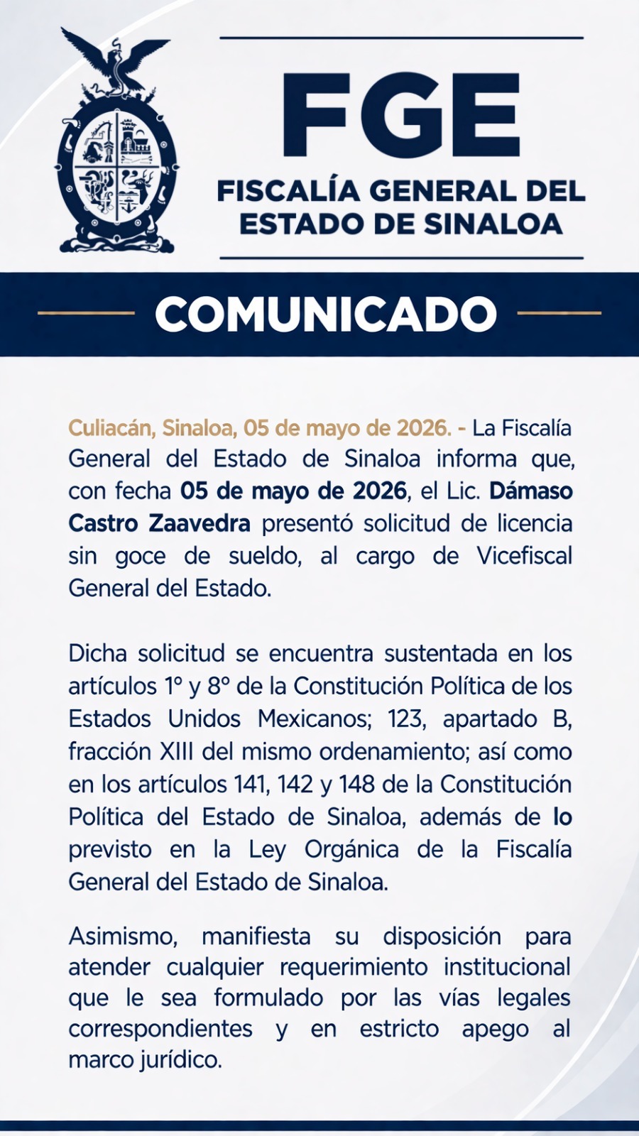 Comunicado de la Fiscalía General del Estado de Sinaloa sobre Dámaso Castro, vicefiscal de Sinaloa.