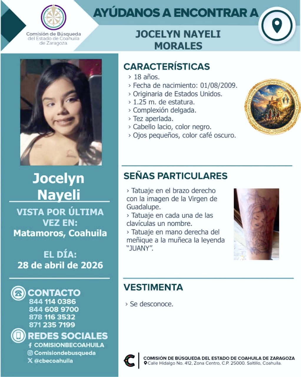 La Comisión de Búsqueda del Estado de Coahuila ha activado los protocolos de localización para dar con el paradero de Jocelyn Nayeli Morales.