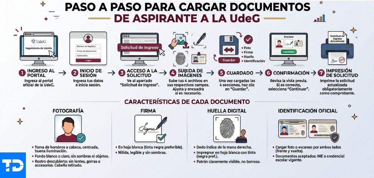 Infografía con una guía paso a paso cargar documentos de aspirante en la UDG y características de cada documento