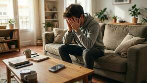 Un joven en la sal de su casa cubriendo su rostro y con un celular en la mesa