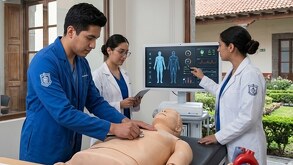Estudiantes de la Universidad de la Salud monitorean los signos vitales durante una practica