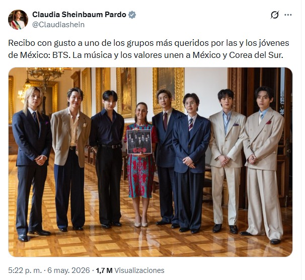 Foto de Sheinbaum y BTS en Palacio Nacional logra un millón de vistas en X.