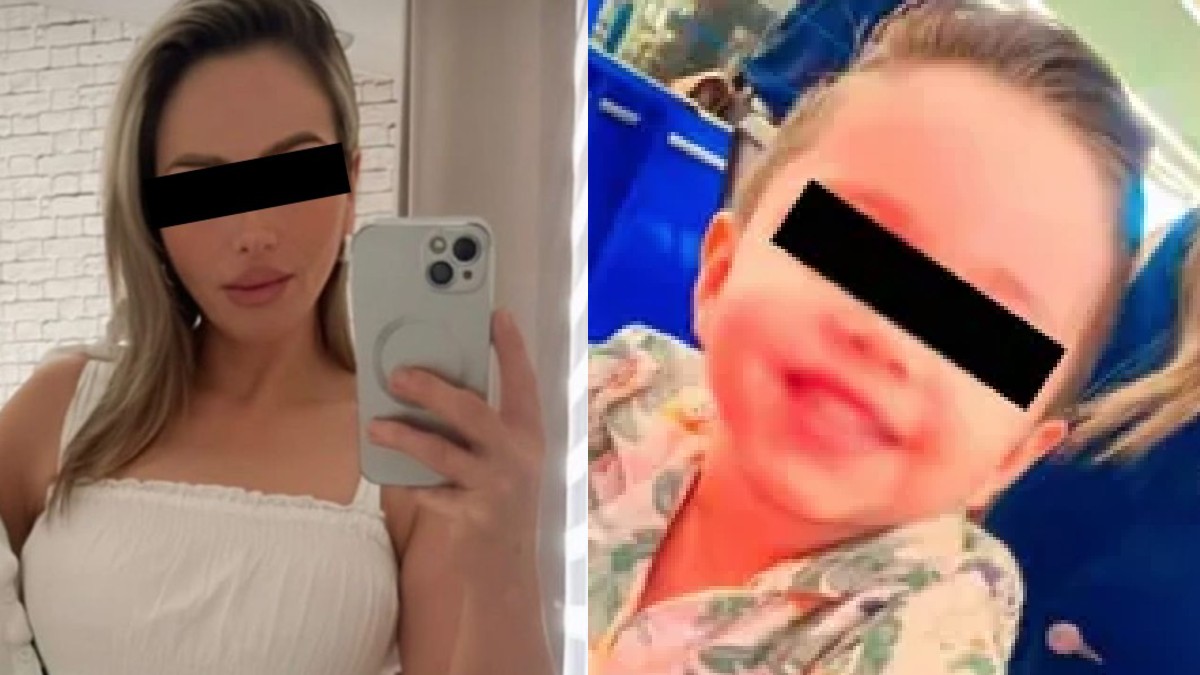 Mujer joven y bebé con cara censurada
