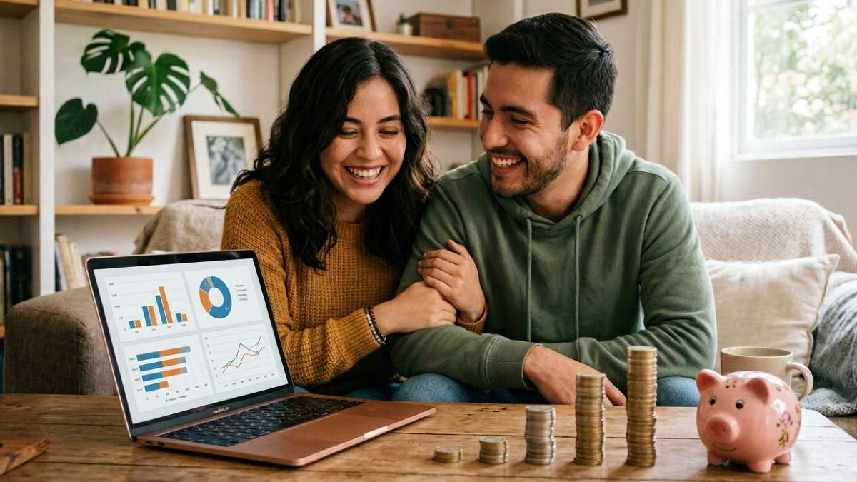 Una pareja en una sal frente a una laptop con gráficas y varias columnas de monedas