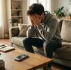 Un joven en la sal de su casa cubriendo su rostro y con un celular en la mesa