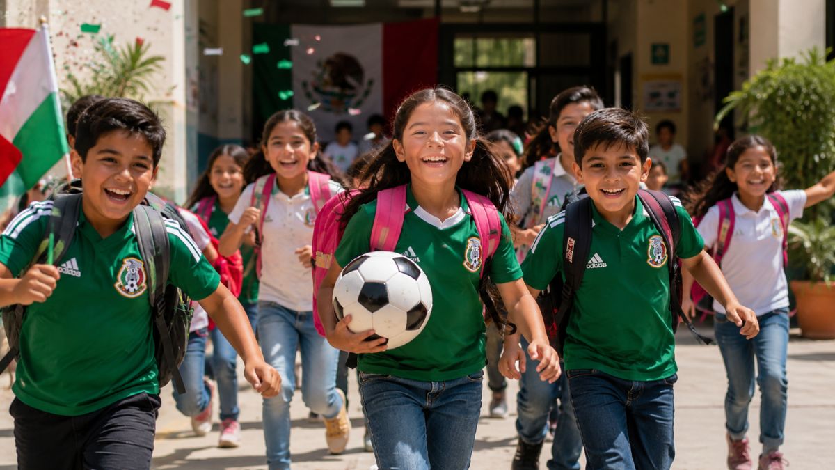 Niños con playera de la selección mexicana felices saliendo de vacaciones