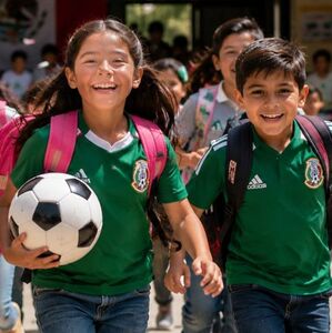 Niños con playera de la selección mexicana felices saliendo de vacaciones