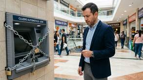 Un hombre frente a un cajero automático con cadenas y candados en un centro comercial