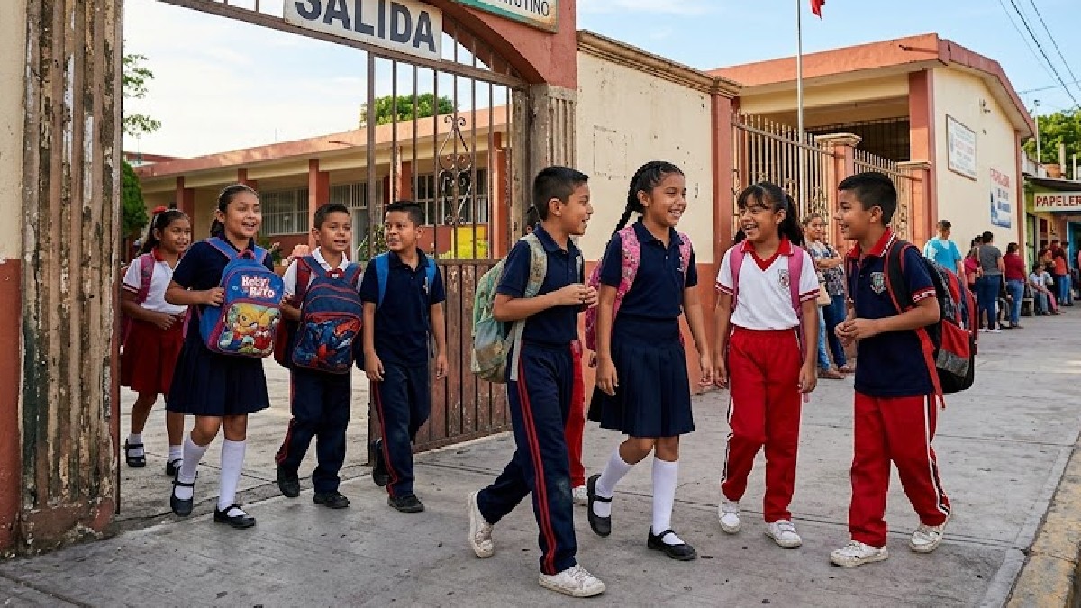 Niños menores saliendo de escuela primaria mientras caminan