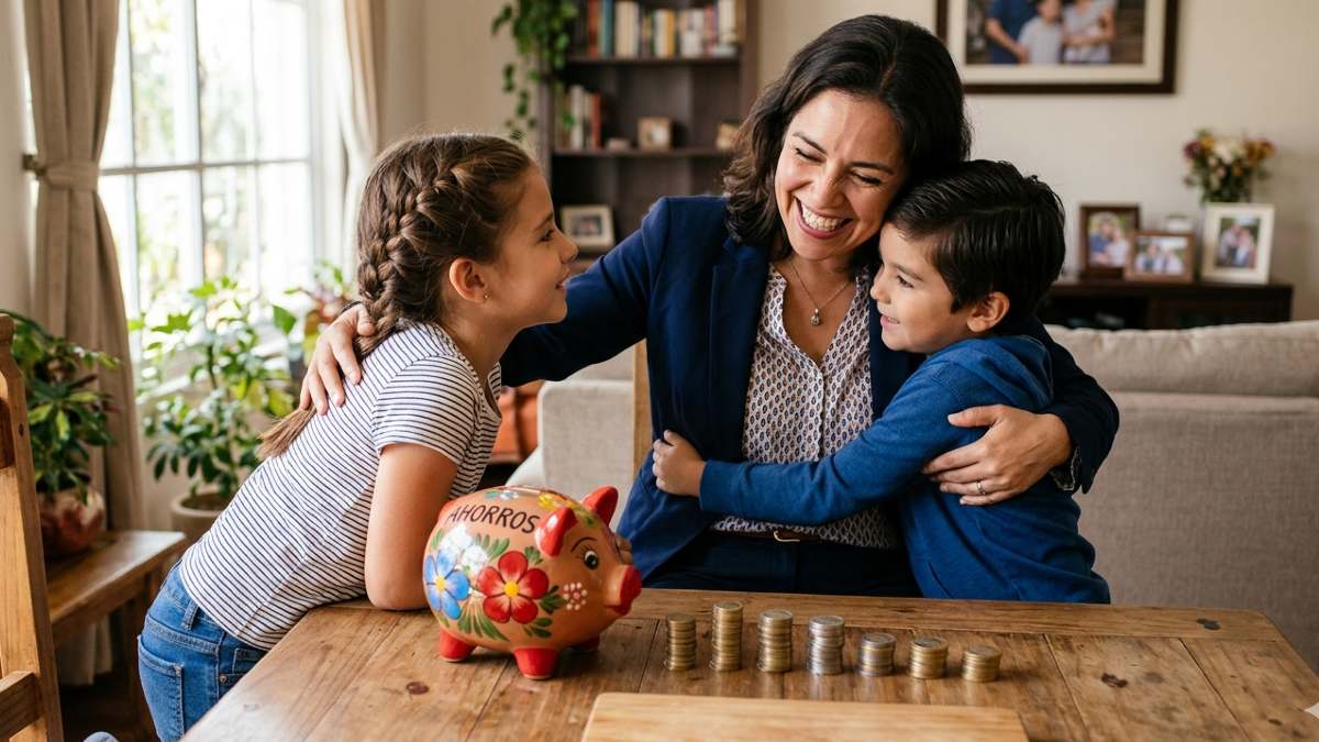 Una madre con sus hijos en una sala iluminada con una alcancía y varias monedas