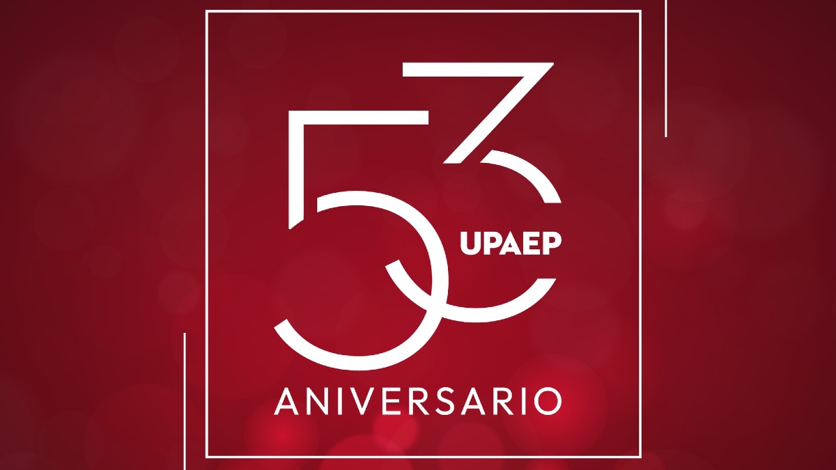 Logo del 53 aniversario de la UPAEP en fondo rojo