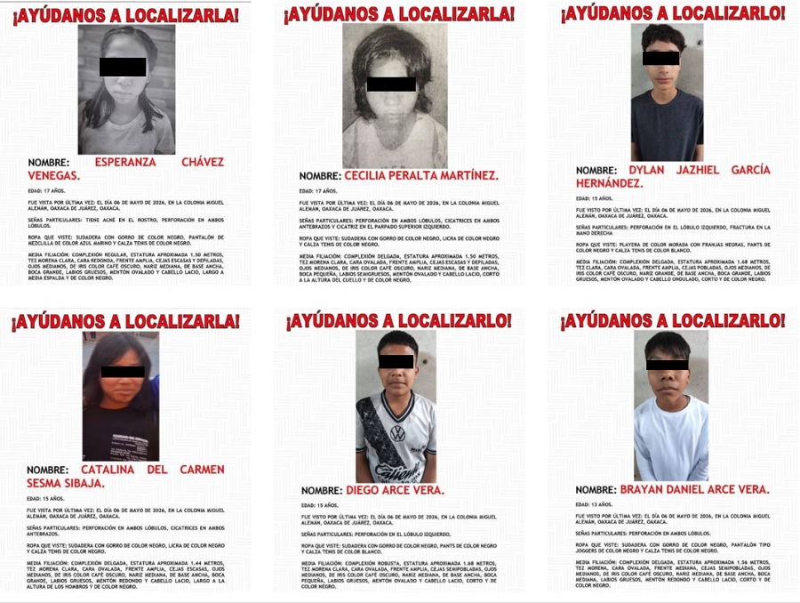 Fichas de búsqueda por la desaparición de seis jóvenes en Oaxaca.