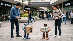 Un hombre y una mujer controlando a dos robots con controles en una plaza comercial