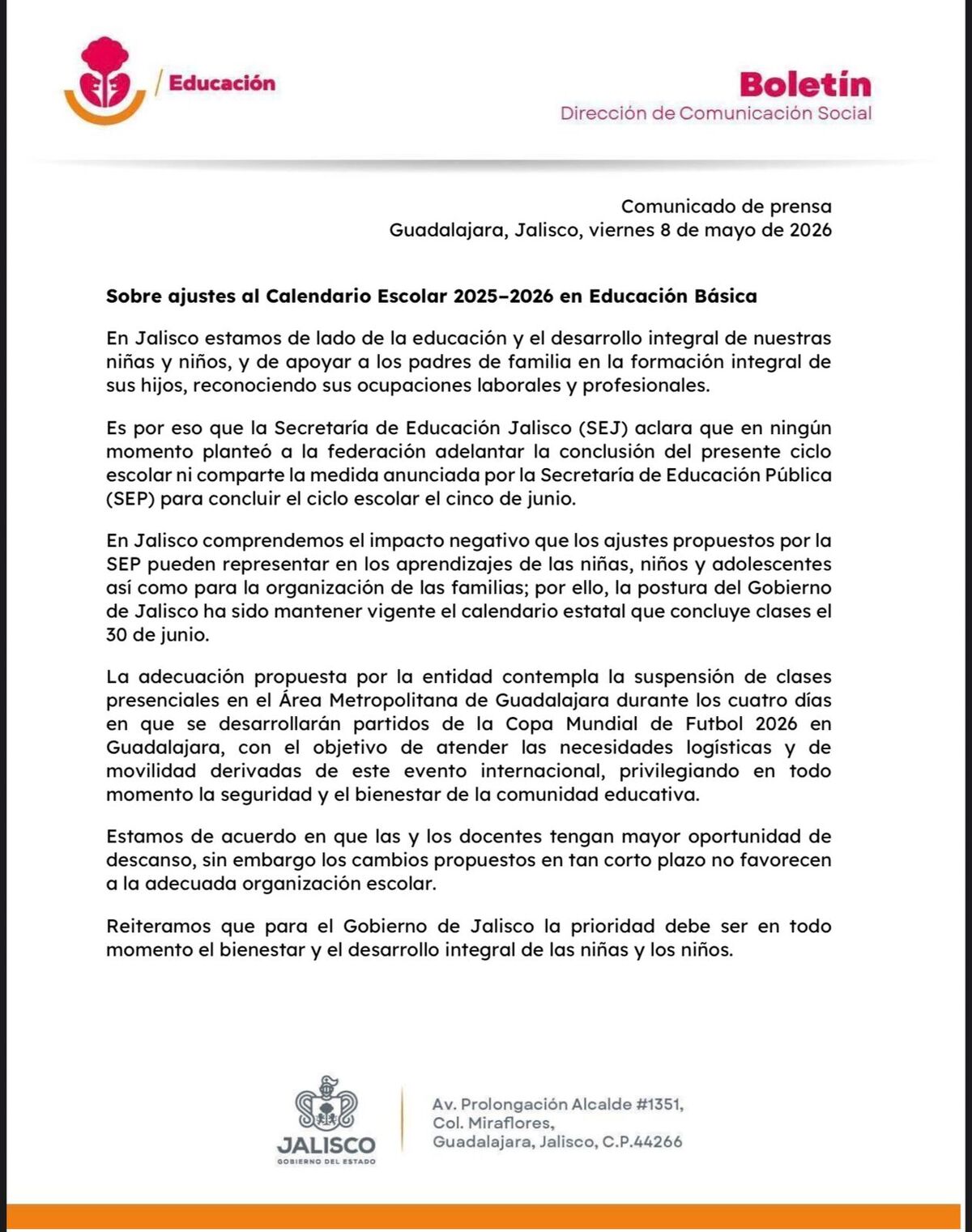 Secretaría de Educación Jalisco comunicado fin de clases 2026