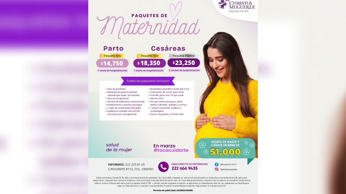 Infografía sobre los servicios que ofrecen los paquetes de maternidad del hospital Christus Muguerza