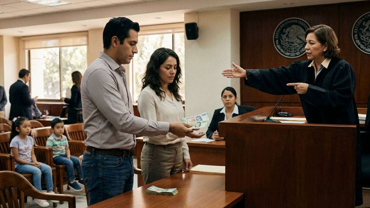 Un hombre entregando dinero a una mujer mientras se lo ordena una juez