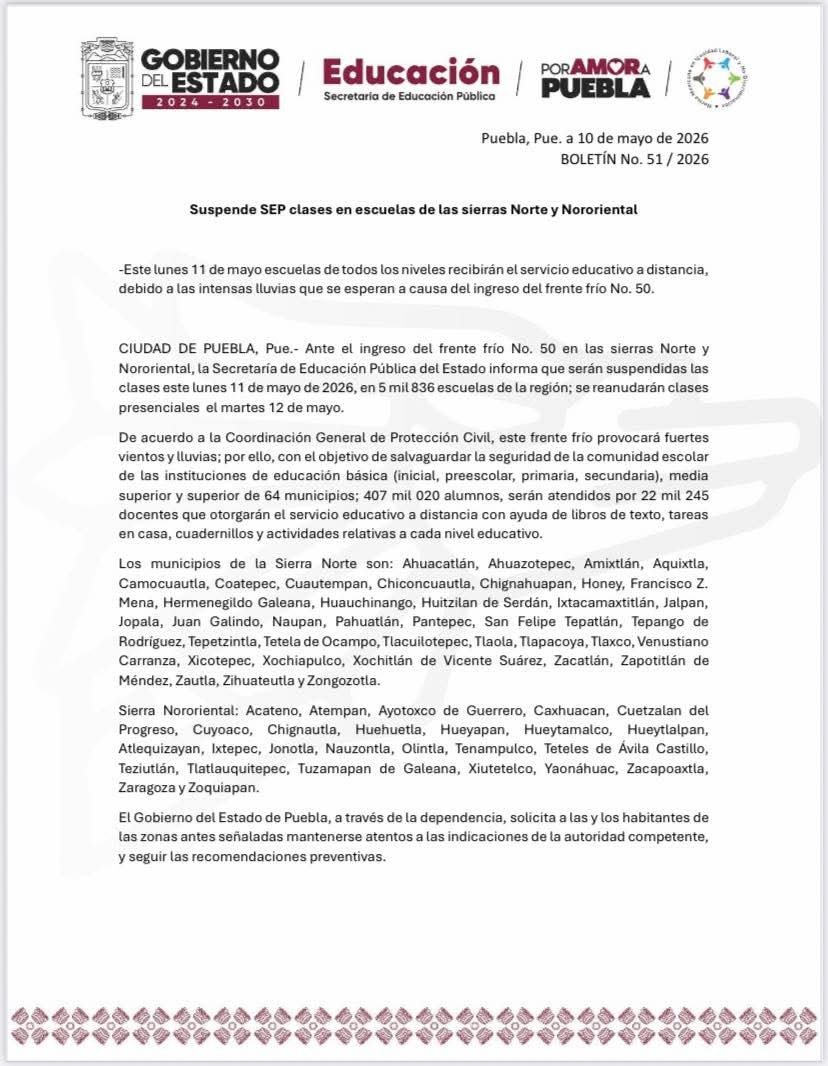 Suspensión de clases Puebla