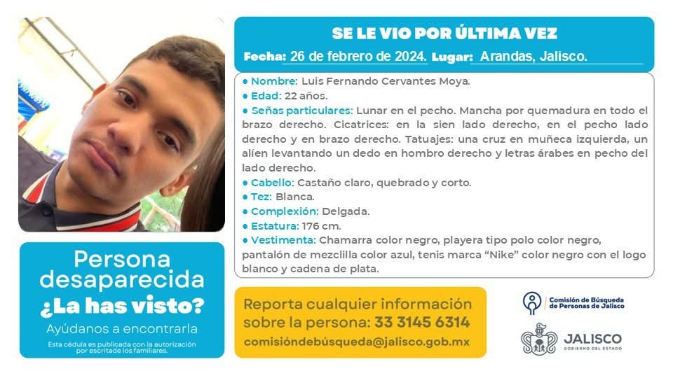 Ficha de búsqueda de la Fiscalía de Jalisco con la foto y datos personales de Luis Fernando Cervantes Moya