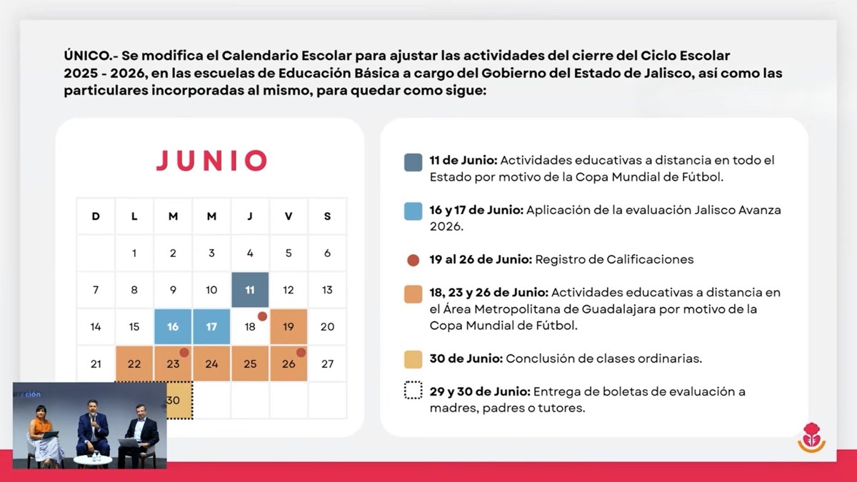 Calendario oficial de actividades escolares en Jalisco durante el mes de junio 2026 mostrado en una transmisión en vivo de la SEJ en YouTube