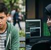 Un joven hablando por teléfono con un hombre de chamarra negra en una sala de computación