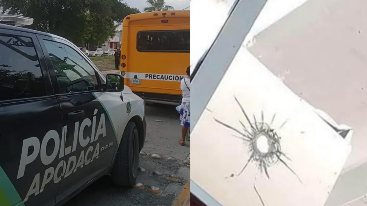 Una bala perdida impactó una ventana de la Secundaria Técnica 119 en Apodaca, Nuevo León.
