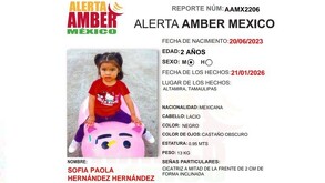 Autoridades activaron una Alerta Amber para localizar a Sofía Paola Hernández Hernández, una niña de 2 años desaparecida en Altamira, Tamaulipas.